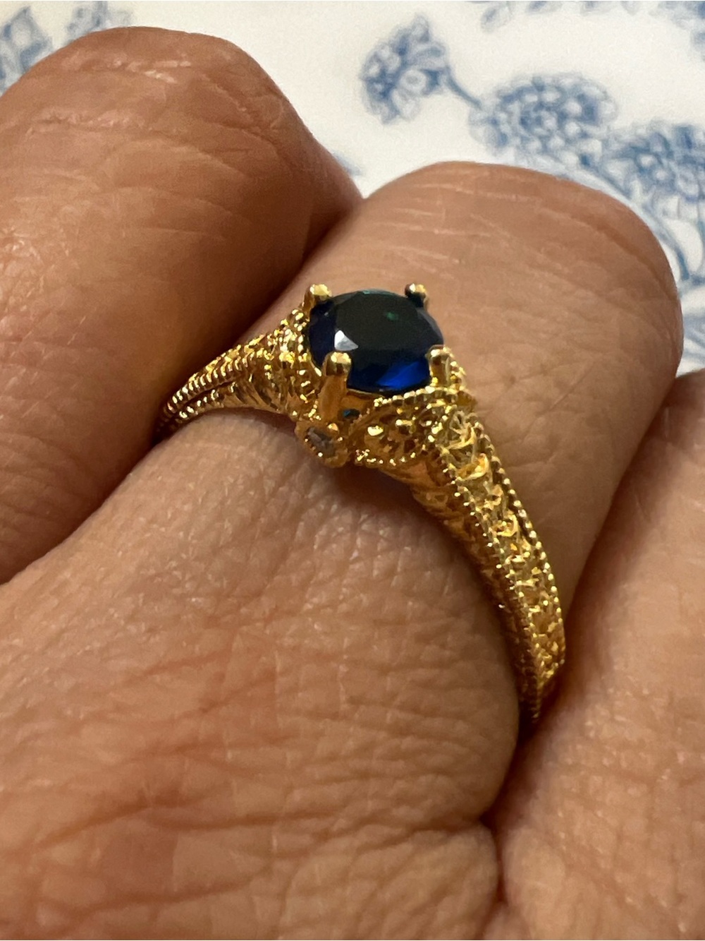 Vintage Style Sapphire Solitaire Filigree Ring Size 10.25 #10251
